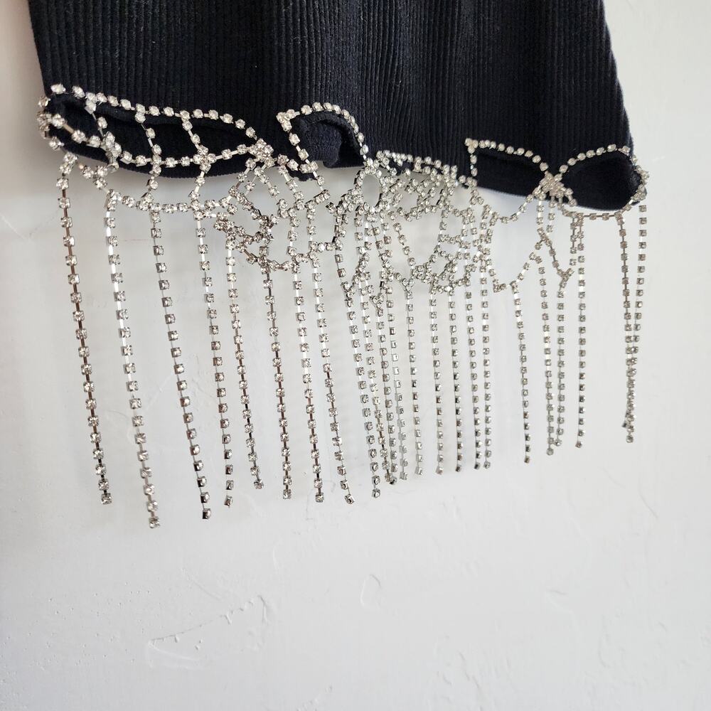 Zara Black Ribbed Cropped Halter Top Rhinestone Fringe Hem XS-Small - Picture 5 of 7